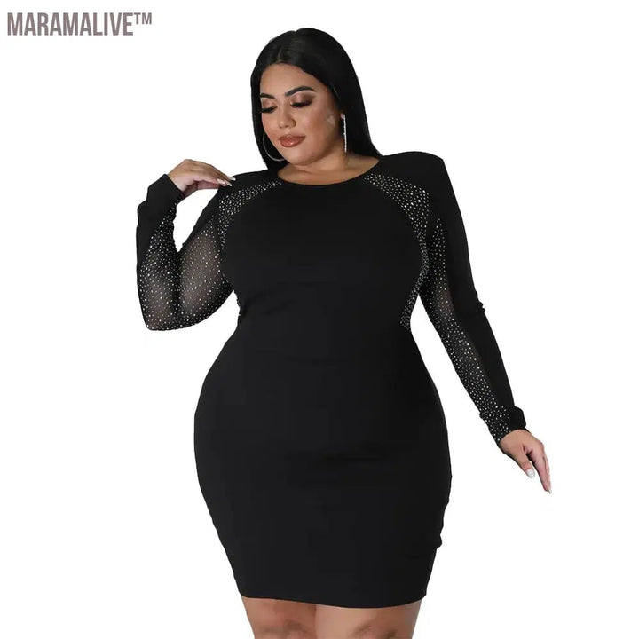 Plus Size Women Clothing Crew Neck Fashion Patchwork Hot Drill Sexy Mini Dress Party Club Wear