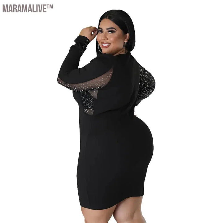 Plus Size Women Clothing Crew Neck Fashion Patchwork Hot Drill Sexy Mini Dress Party Club Wear