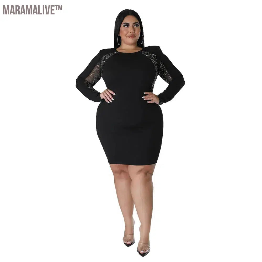 Plus Size Women Clothing Crew Neck Fashion Patchwork Hot Drill Sexy Mini Dress Party Club Wear