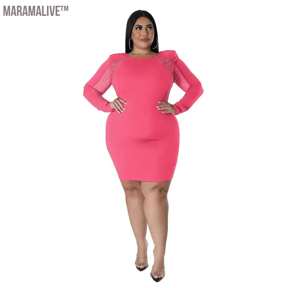 Plus Size Women Clothing Crew Neck Fashion Patchwork Hot Drill Sexy Mini Dress Party Club Wear