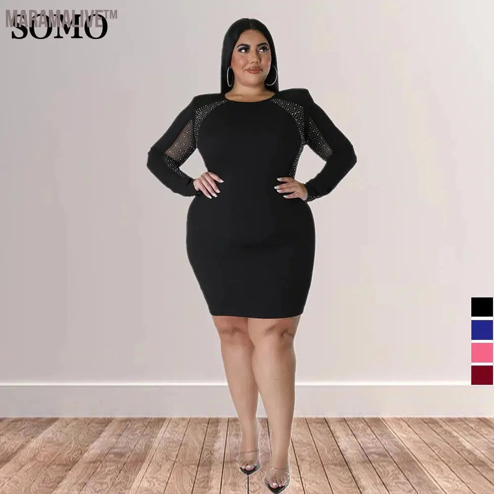 Plus Size Women Clothing Crew Neck Fashion Patchwork Hot Drill Sexy Mini Dress Party Club Wear