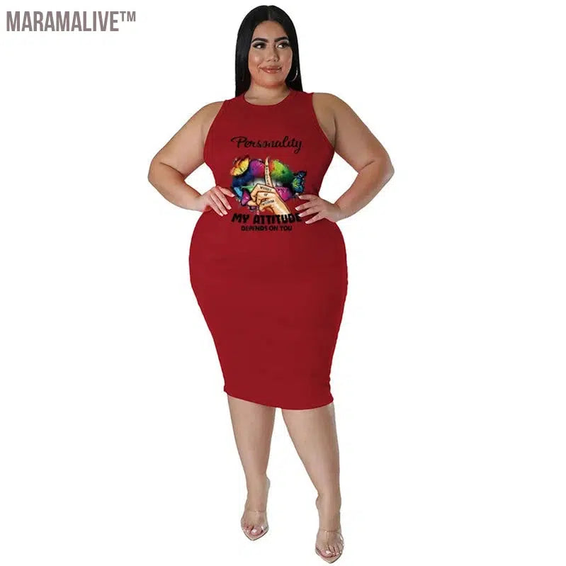 Plus Size Women Clothing Dress Summer Lip Print Bodycon Stretch Elegant Midi Dresses Women