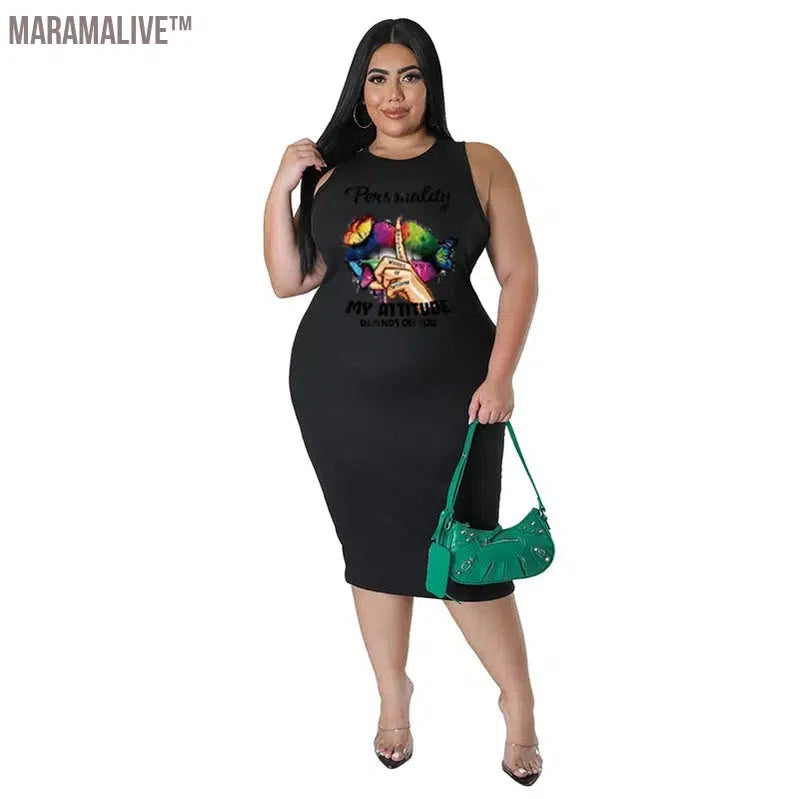 Plus Size Women Clothing Dress Summer Lip Print Bodycon Stretch Elegant Midi Dresses Women