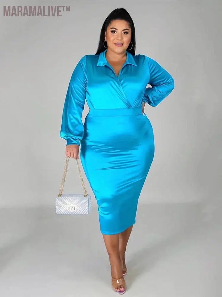 Plus Size Women Clothing Outfits Long Sleeve Bodysuit Satin Matching Set Fashion Two Piece Dress Set