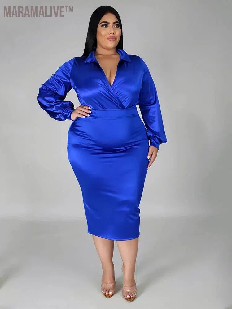 Plus Size Women Clothing Outfits Long Sleeve Bodysuit Satin Matching Set Fashion Two Piece Dress Set