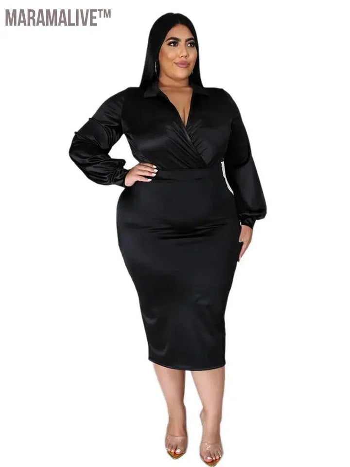 Plus Size Women Clothing Outfits Long Sleeve Bodysuit Satin Matching Set Fashion Two Piece Dress Set