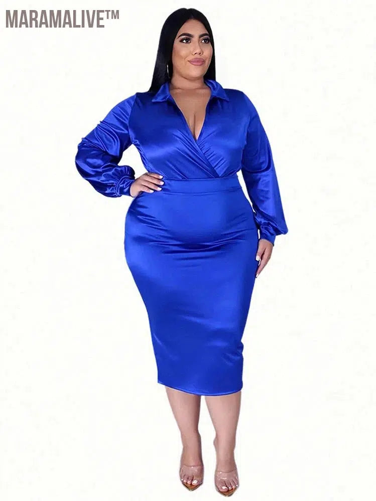 Plus Size Women Clothing Outfits Long Sleeve Bodysuit Satin Matching Set Fashion Two Piece Dress Set