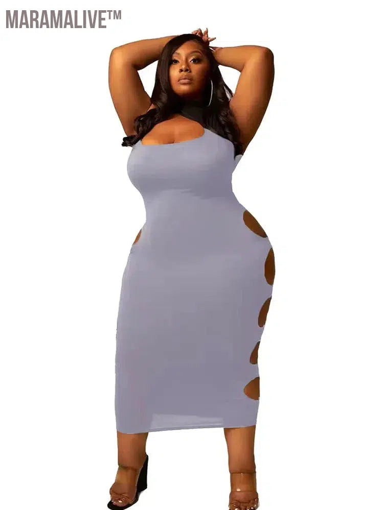 Plus Size Women Clothing Summer Midi Dress Bodycon 2022 Hollow Out Sexy Party Dress Clubwear