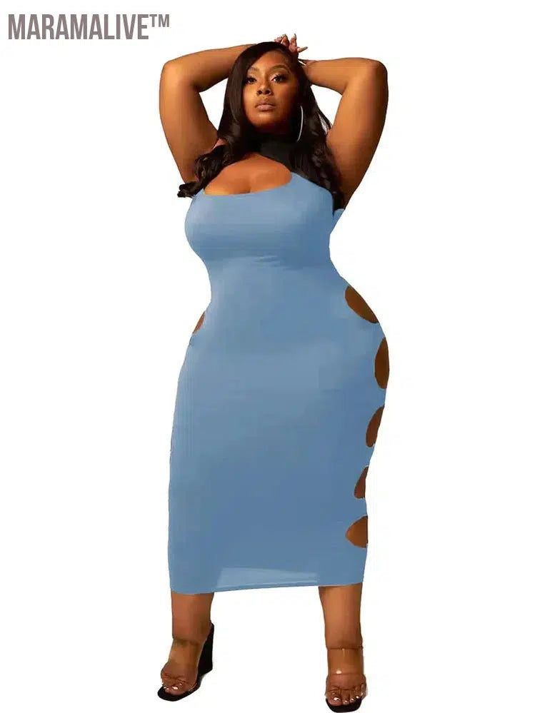 Plus Size Women Clothing Summer Midi Dress Bodycon 2022 Hollow Out Sexy Party Dress Clubwear