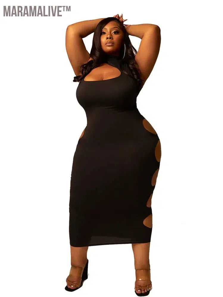 Plus Size Women Clothing Summer Midi Dress Bodycon 2022 Hollow Out Sexy Party Dress Clubwear