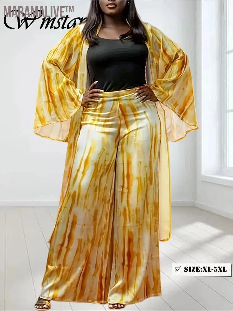 Plus Size Women Clothing Two Piece Set Wide Pants Sets and Printed Cape New in Fall Clothes