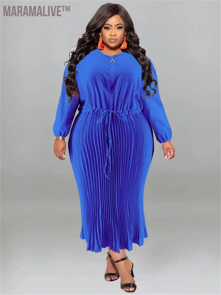 Plus Size Women Dress O Neck Fashion High Waist Bandage Elegant Long Sleeve Fall Maxi Dresses