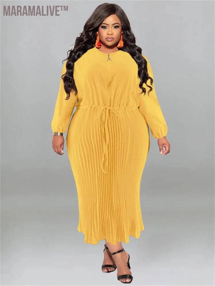 Plus Size Women Dress O Neck Fashion High Waist Bandage Elegant Long Sleeve Fall Maxi Dresses