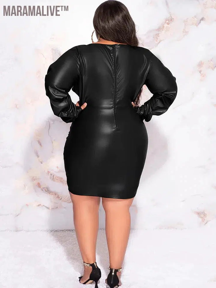 Plus Size Women Matte Leather Dress 8XL Long Sleeve Stretch PU Bodycon Mini Dress 9XL Ladies V Neck Dress Party 7XL Clubwear 6XL