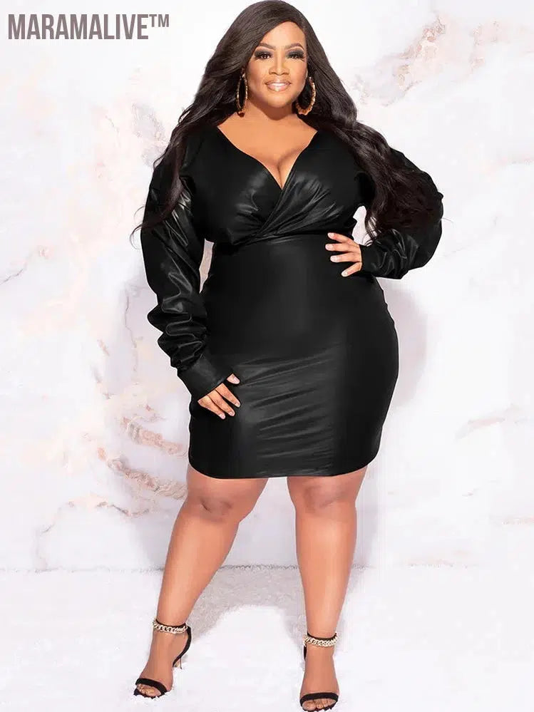 Plus Size Women Matte Leather Dress 8XL Long Sleeve Stretch PU Bodycon Mini Dress 9XL Ladies V Neck Dress Party 7XL Clubwear 6XL