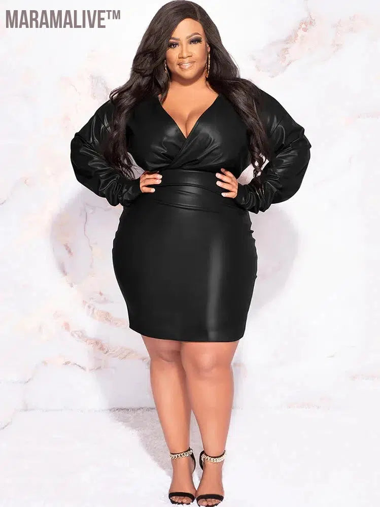 Plus Size Women Matte Leather Dress 8XL Long Sleeve Stretch PU Bodycon Mini Dress 9XL Ladies V Neck Dress Party 7XL Clubwear 6XL