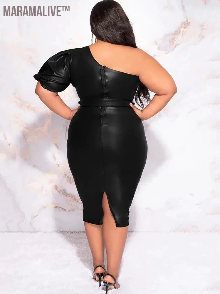 Plus Size Women One Sleeve Matte Leather Dress 9XL Stretch PU Strapless Midi Dress Back Hem Split 6XL Ladies Bodycon Dress Party