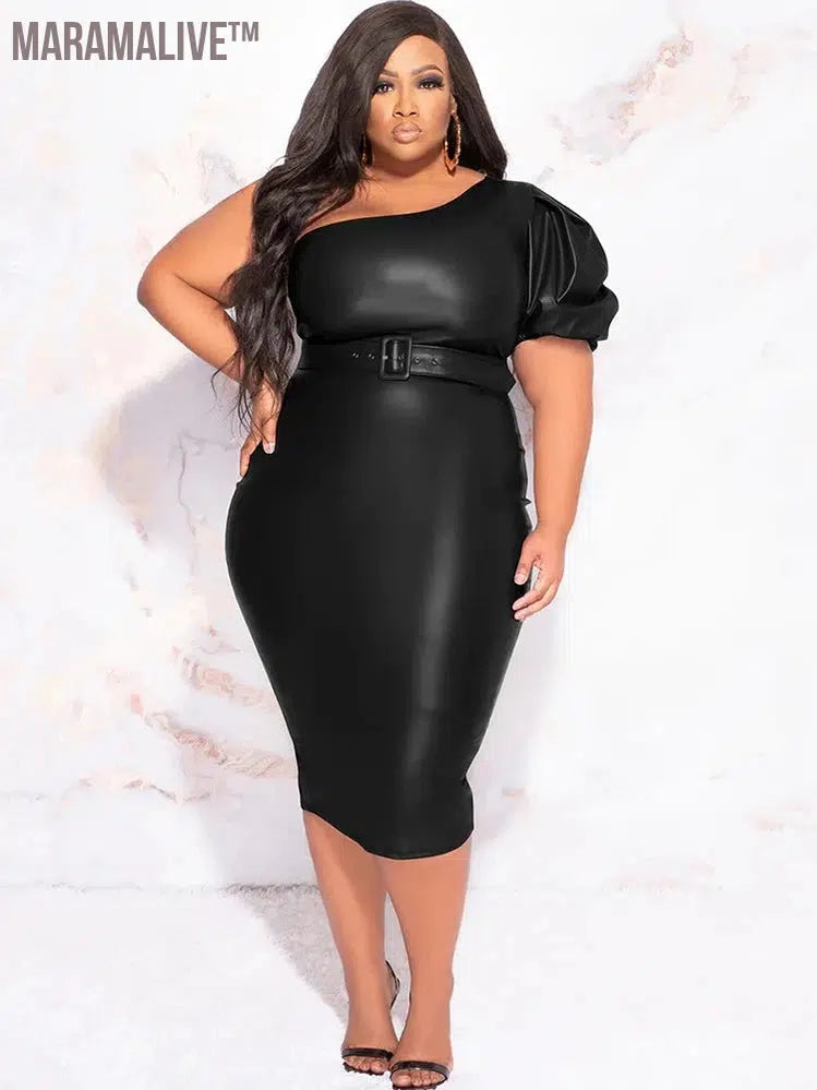 Plus Size Women One Sleeve Matte Leather Dress 9XL Stretch PU Strapless Midi Dress Back Hem Split 6XL Ladies Bodycon Dress Party