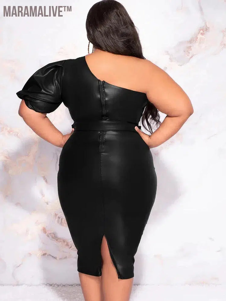 Plus Size Women One Sleeve Matte Leather Dress 9XL Stretch PU Strapless Midi Dress Back Hem Split 6XL Ladies Bodycon Dress Party