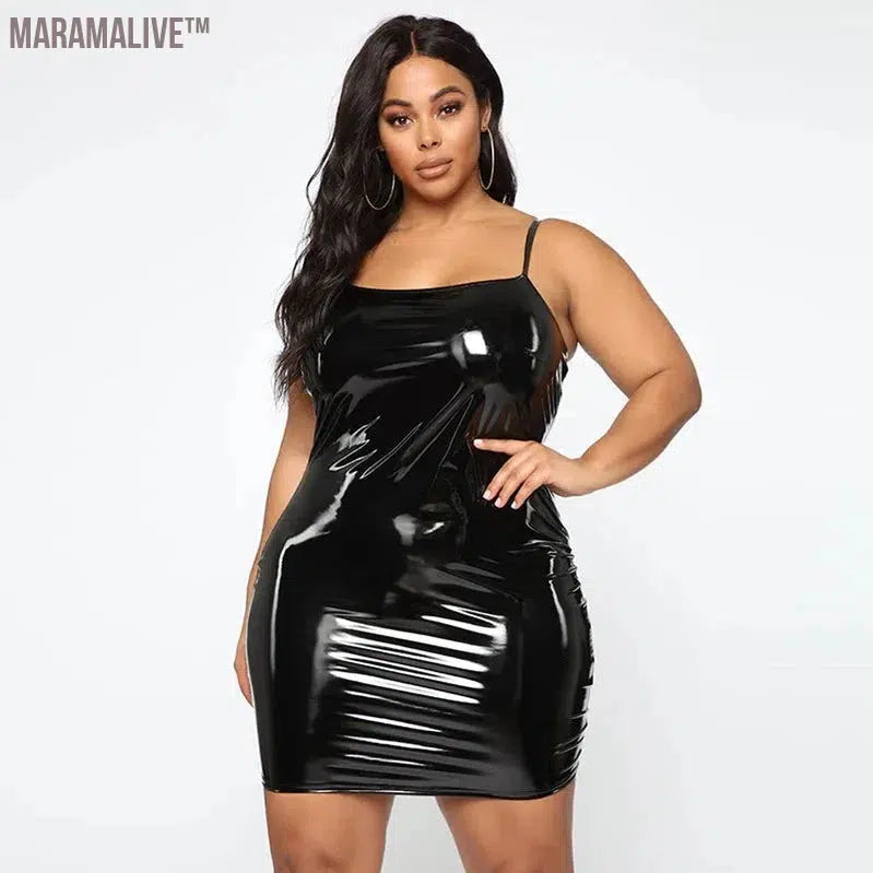 Plus Size Women PU Leather Dresses Sexy Halter Spaghetti Straps Dress Ladies Latex Leather Sleeveless Bodycon Mini Dress 5XL