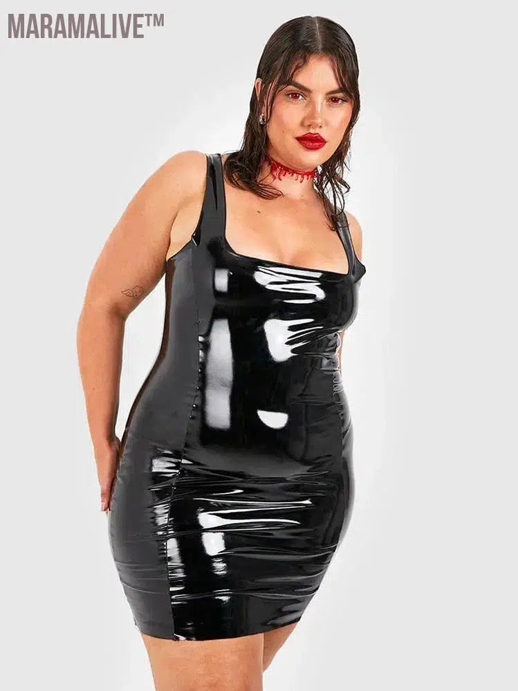 Plus Size Women Patent Leather Mini Dress 7XL Sleeveless Stretch Bodycon Tank Dress Party Faux Latex Dress 6XL Nightclub Costume