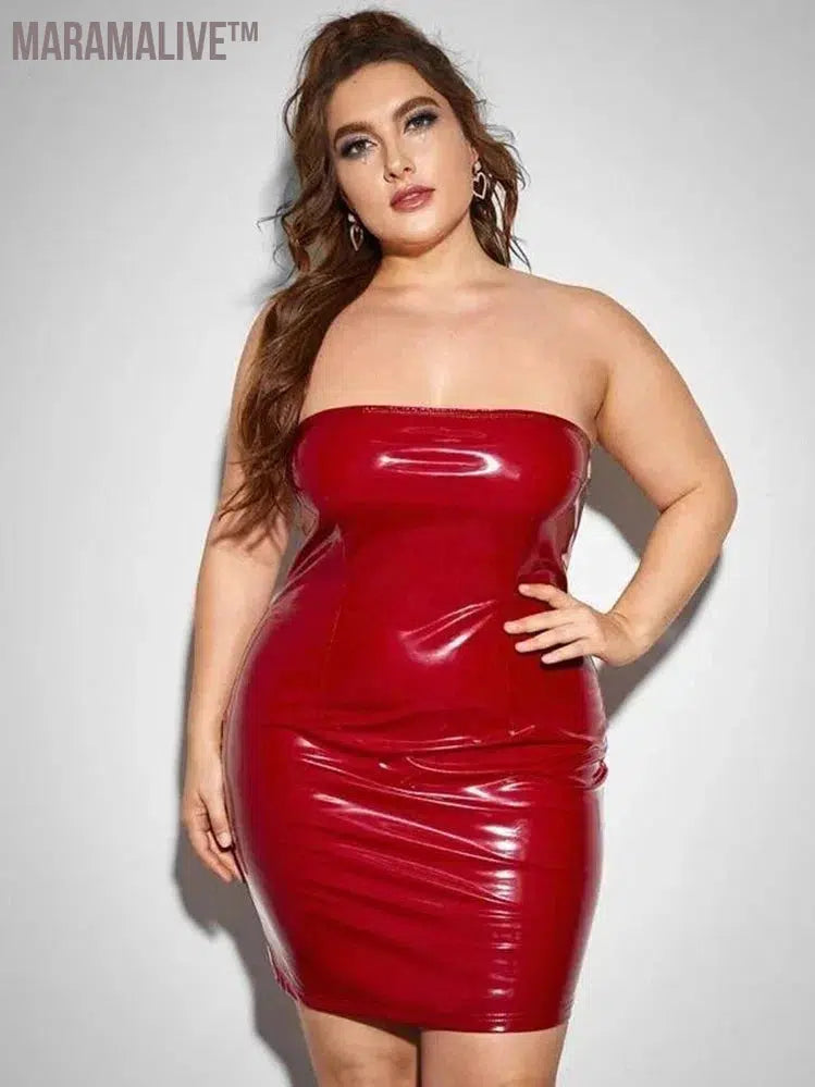 Plus Size Women Strapless Dress Sexy Faux Latex Backless Stretch Bodycon Mini Dress 6XL Shiny Patent Leather Dress 7XL Clubwear