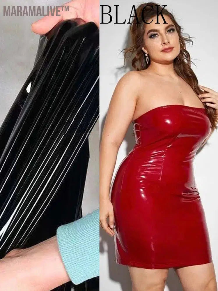 Plus Size Women Strapless Dress Sexy Faux Latex Backless Stretch Bodycon Mini Dress 6XL Shiny Patent Leather Dress 7XL Clubwear