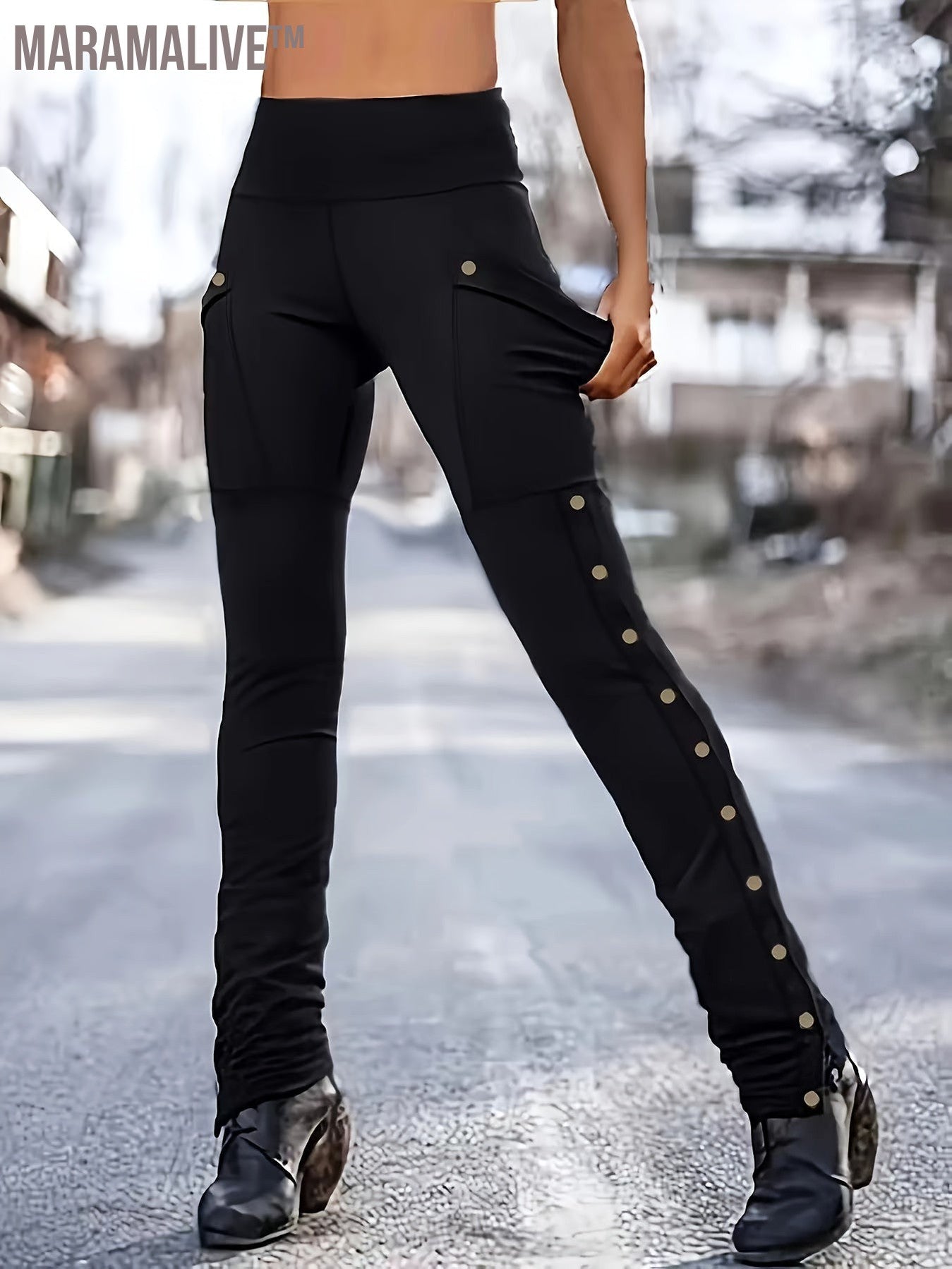 Pocket Patched Button Side Pants, Gothic High Waist Hip-lifting Skinny Fit Pants For Spring & Summer, Women's Clothing