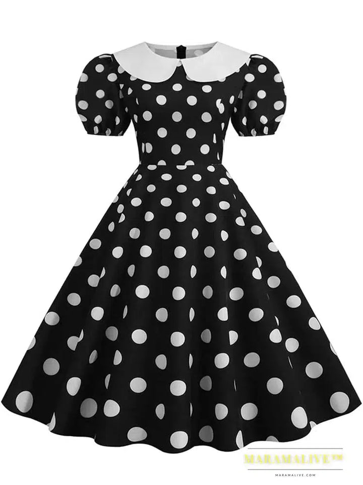 Polka Dot Vintage Dress Women Summer Pink Rockabilly Office Party Dress Casual Peter Pan Collar Sundress