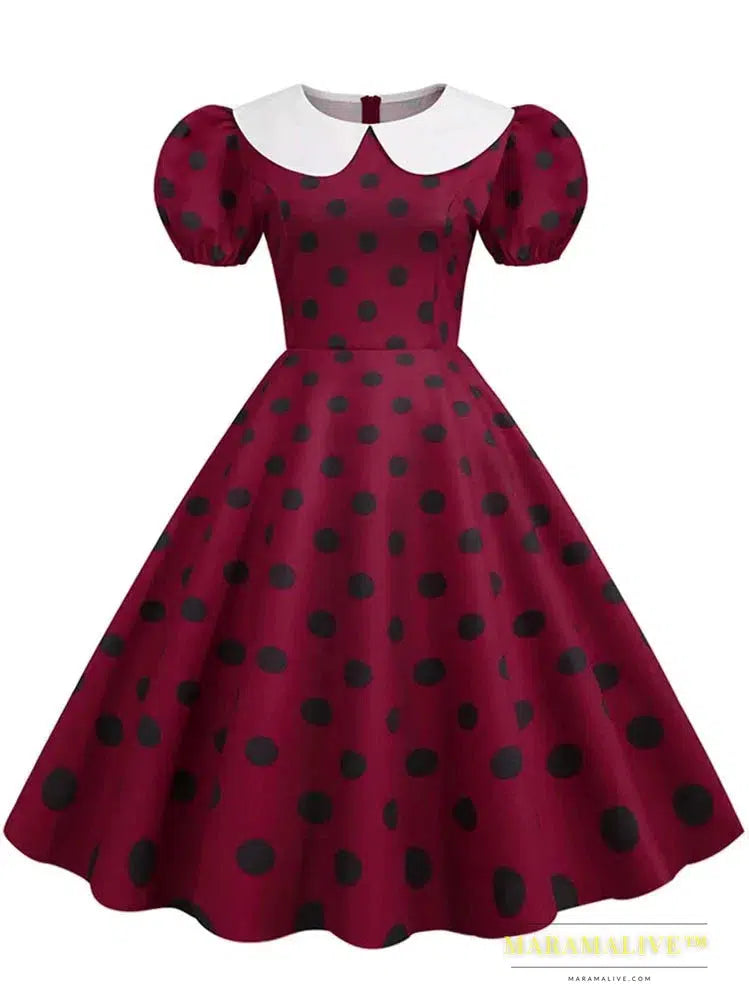 Polka Dot Vintage Dress Women Summer Pink Rockabilly Office Party Dress Casual Peter Pan Collar Sundress