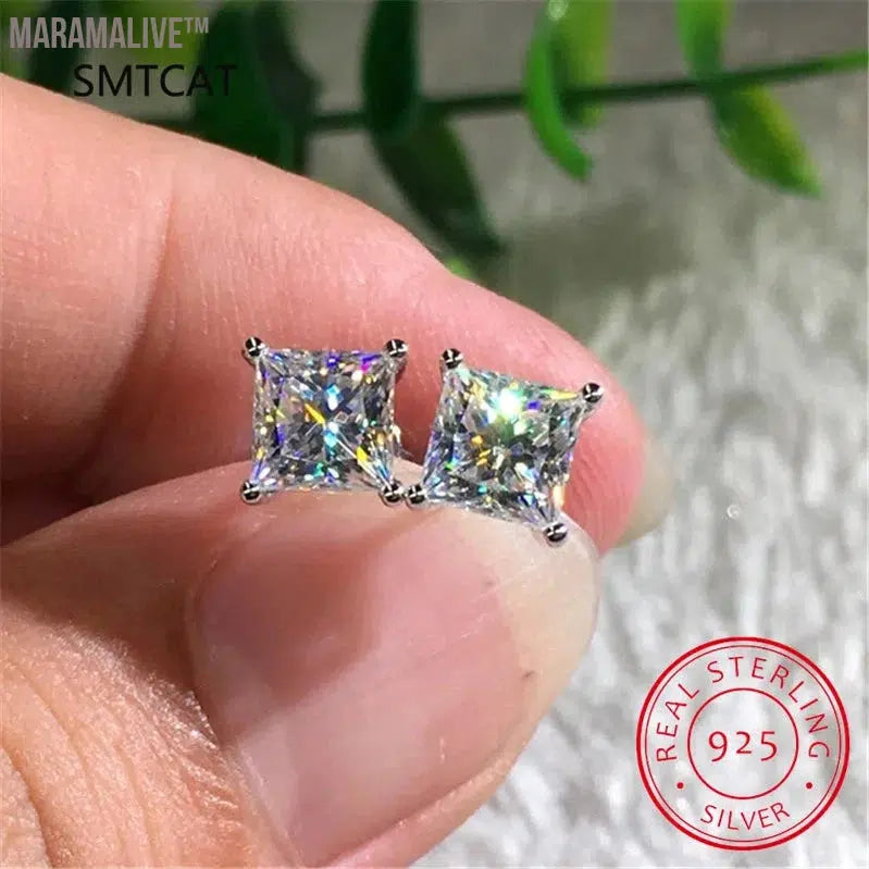 Princess Cut 2CT Diamond Test Passed Moissanite Rhodium Plated 925 Silver D Color Moissanite Stud Earrings Jewelry Couple Gift