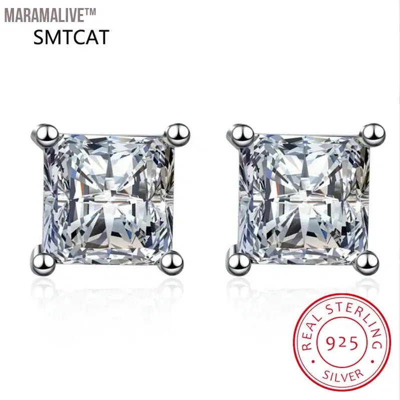 Princess Cut 2CT Diamond Test Passed Moissanite Rhodium Plated 925 Silver D Color Moissanite Stud Earrings Jewelry Couple Gift