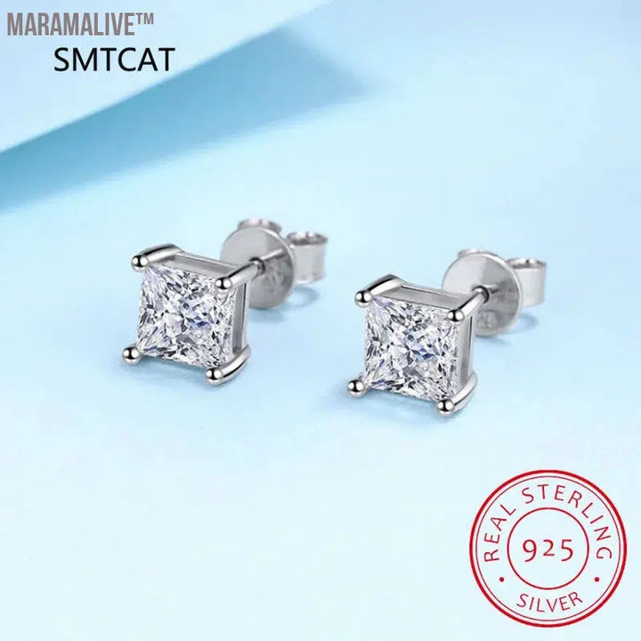 Princess Cut 2CT Diamond Test Passed Moissanite Rhodium Plated 925 Silver D Color Moissanite Stud Earrings Jewelry Couple Gift