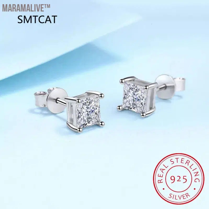 Princess Cut 2CT Diamond Test Passed Moissanite Rhodium Plated 925 Silver D Color Moissanite Stud Earrings Jewelry Couple Gift