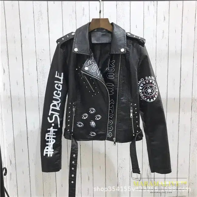 Print Faux Soft Leather Jacket Women Spring Fall Winter Pu Motorcycle Coat Black Punk Gothic Biker Rivet Pocket Outerwear