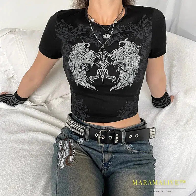 Printed Cropped Tops Short Sleeve Grunge Goth Black T Shirt Punk O Neck Summer Casual Retro Streetwear 90s Tee Tops