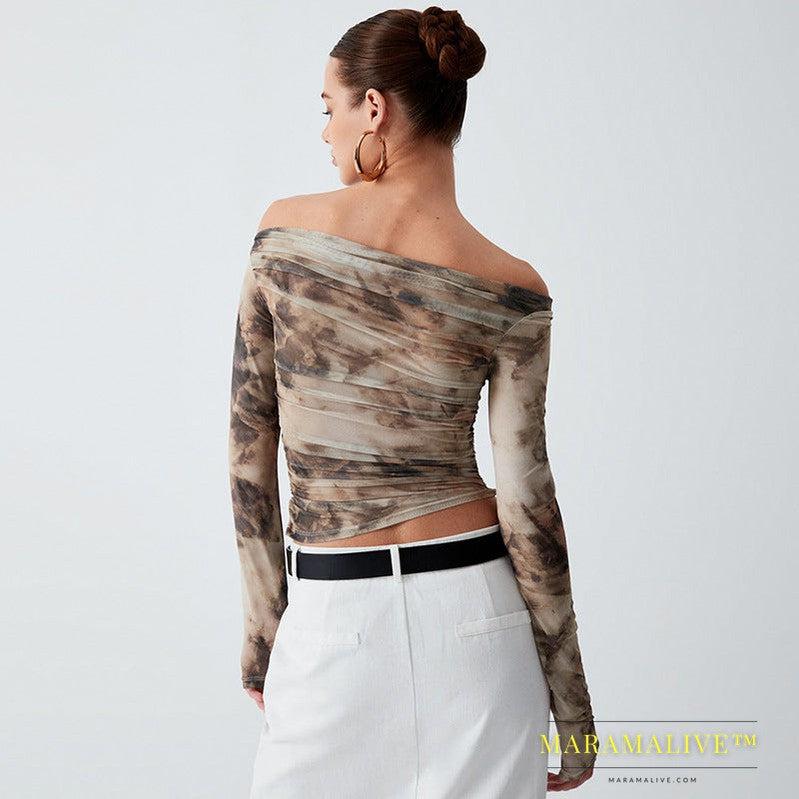 Printed Off-neck Long Sleeve Backless Pleated Top