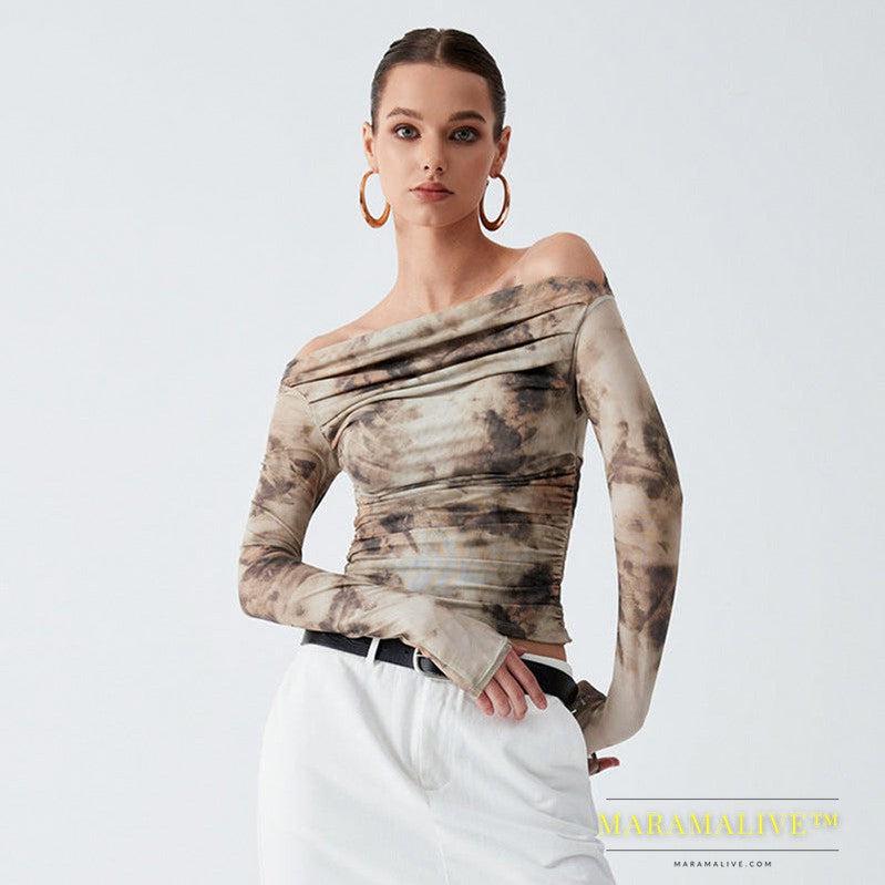 Printed Off-neck Long Sleeve Backless Pleated Top