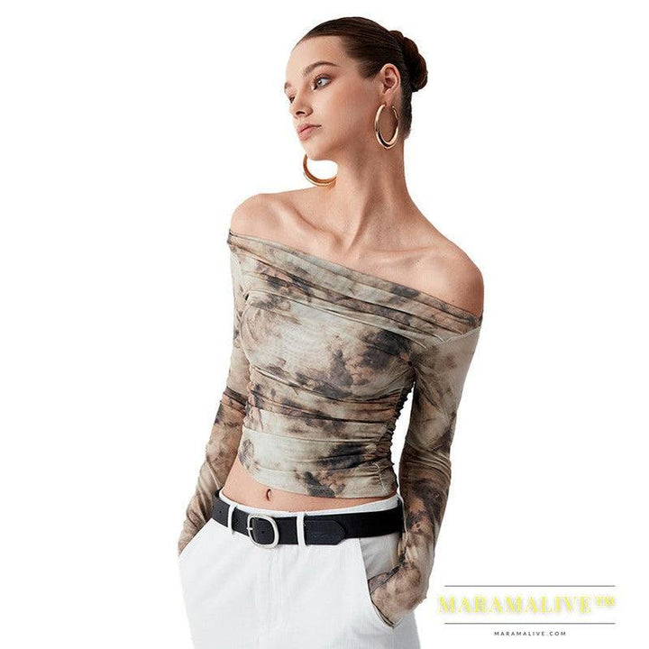 Printed Off-neck Long Sleeve Backless Pleated Top