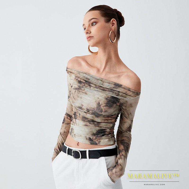 Printed Off-neck Long Sleeve Backless Pleated Top