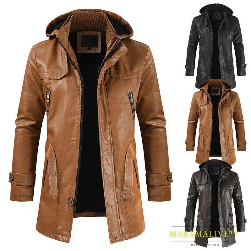 Pu Hooded Slim Young Men's Leather Jacket