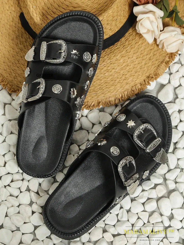 Punk Black Sandals For Women Studded Buckle Decor Flatform Slide Sandals Open Toe Summer Street Style Goth Shoes Beach Vacation