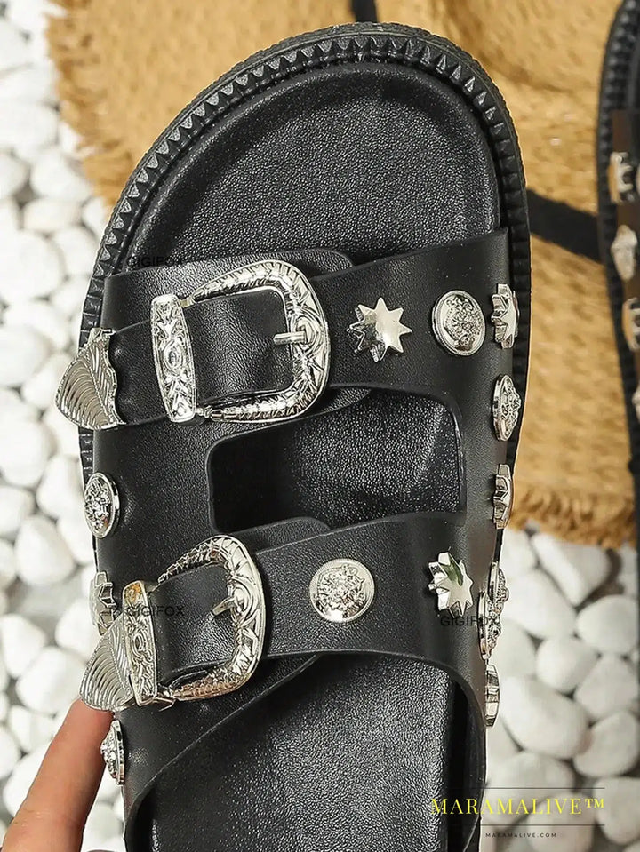 Punk Black Sandals For Women Studded Buckle Decor Flatform Slide Sandals Open Toe Summer Street Style Goth Shoes Beach Vacation