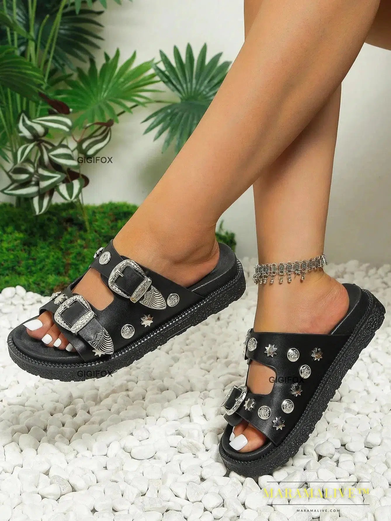 Punk Black Sandals For Women Studded Buckle Decor Flatform Slide Sandals Open Toe Summer Street Style Goth Shoes Beach Vacation