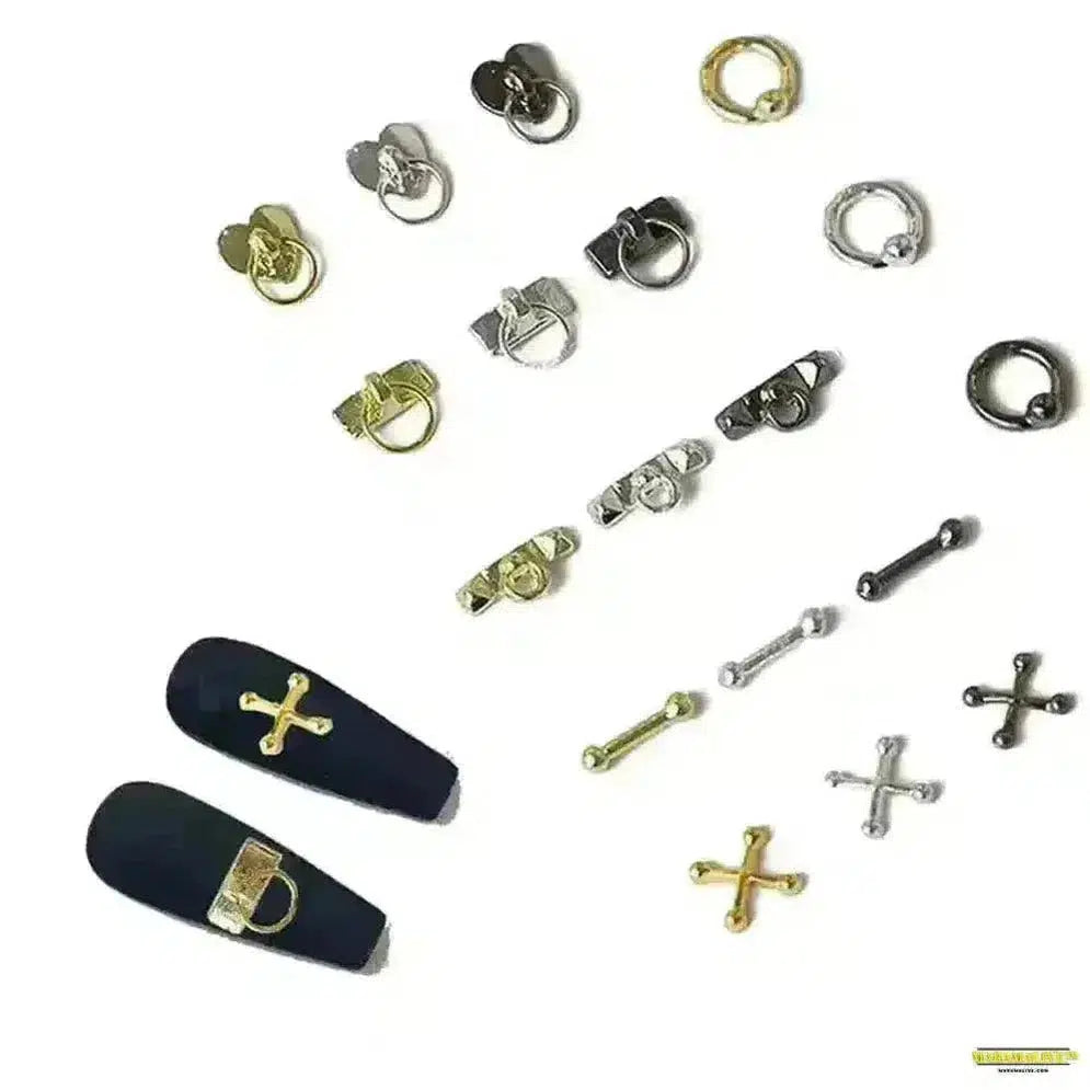 Punk Cross Nail Art Charms - 3D Retro Silver Gothic Design - 20pc Hollow Iron Ring Kit