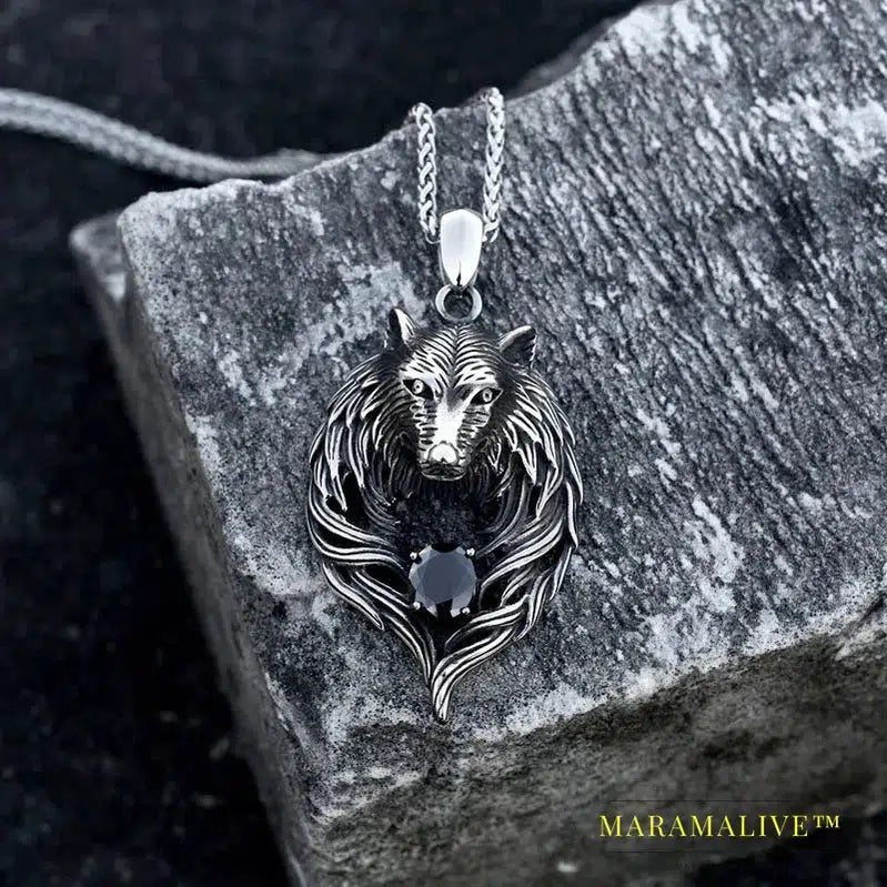 Punk Fashion 316L stainless steel new design howling gem wolf pendant necklace viking men celt Charm jewelry