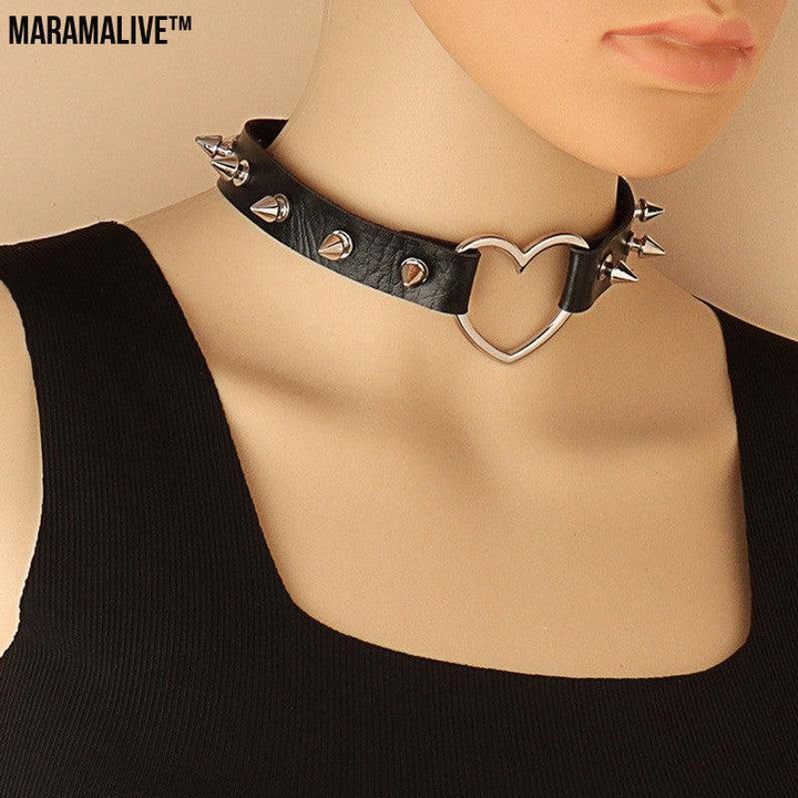 Punk Faux Leather Choker - Gothic Spiked Heart Necklace