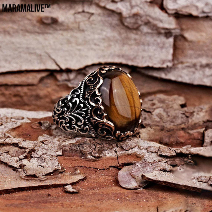 Punk Glyph Tiger Stone Ring