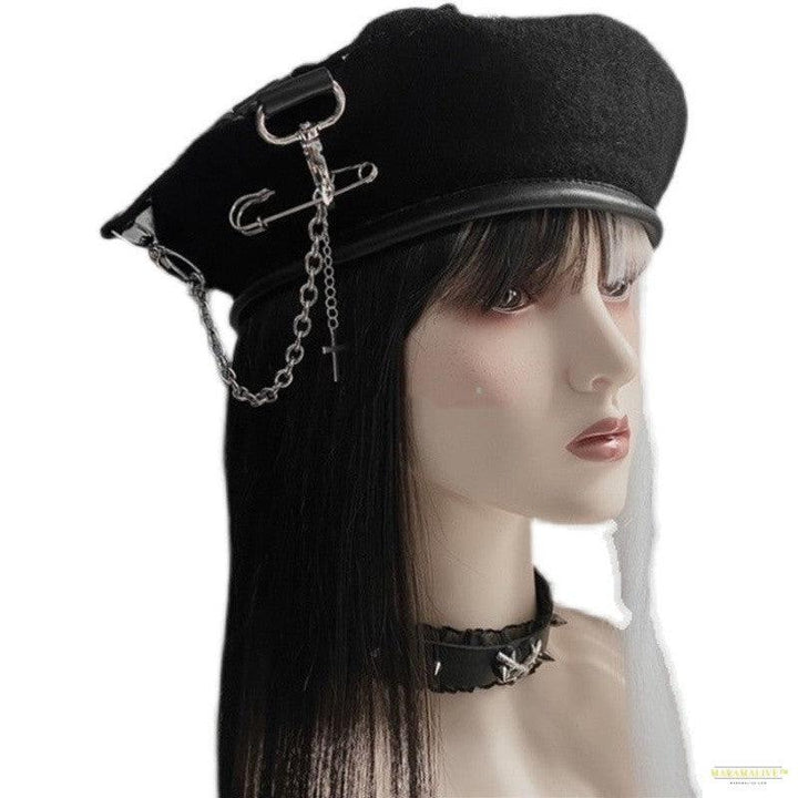 Punk Goth Pu Cross Pin Chain Painter Hat Maramalive™