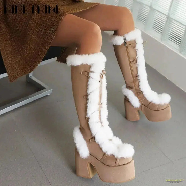 Punk Goth Women Boots Fur Halloween Cosplay Chunky Block Heel Platform Shoes Knee High Brand Designer Party Warm Boots